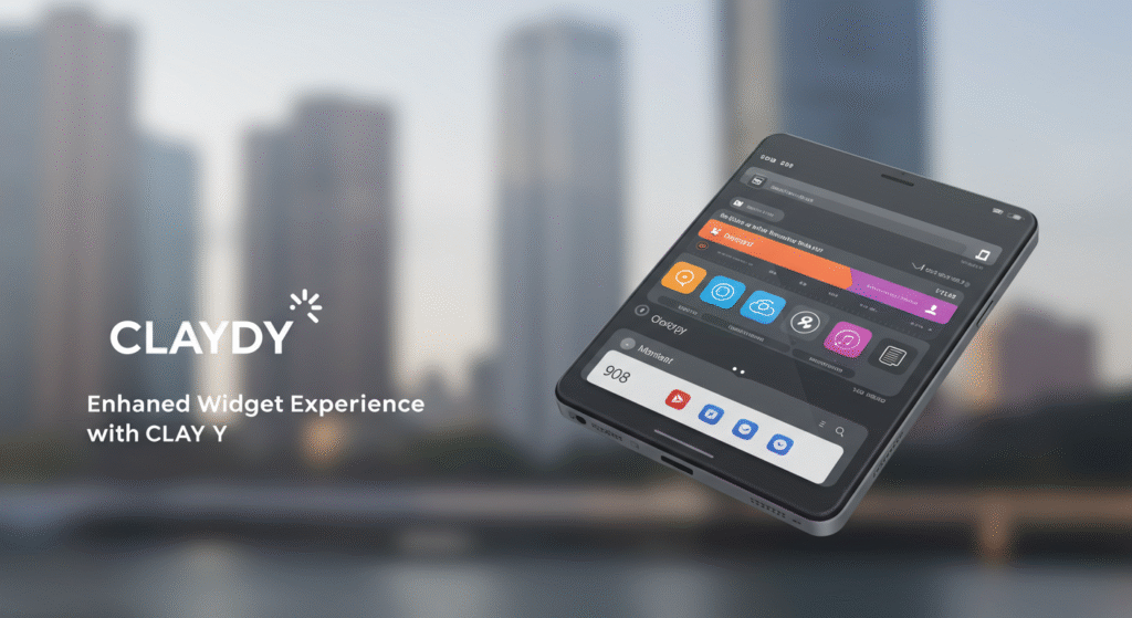 A smartphone with a modern interface and colorful widgets floats against a blurred cityscape background. The text reads: "CLAYDY Enhanced Widget Experience with CLAY Y." The phone screen displays various app widgets and notification bars.