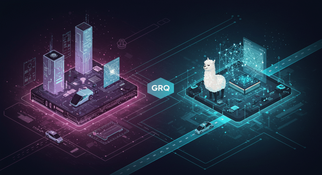 Futuristic illustration showing two digital cityscapes on circuit boards, one pink and one blue. The blue side features a glowing llama hologram. Roads, cars, and digital grids connect both sides with “GRQ” in the center. Tech and AI themes are prominent.