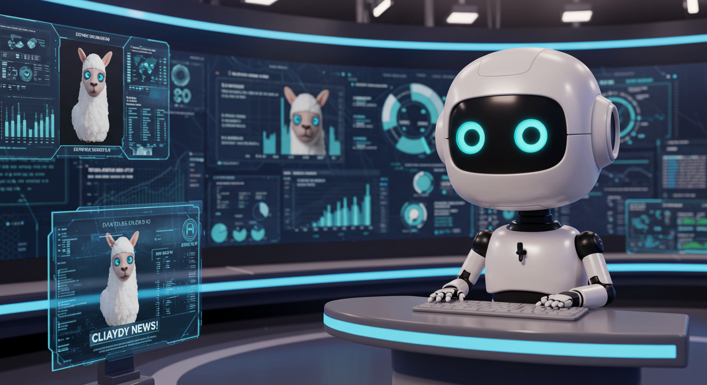 A cute robot sits at a futuristic news desk, typing on a keyboard. Behind it, large digital screens display charts, data, and images of llamas with news headlines. The setting is high-tech and vibrant, with a focus on llamas and technology news.