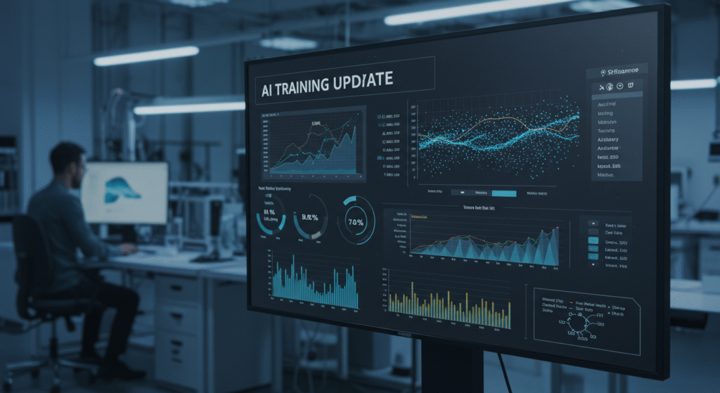 A large monitor displays graphs, charts, and stats labeled "AI Training Update" in a modern lab. In the background, a person sits at a desk tracking agents' performance with CLAYDY software, surrounded by technical equipment under cool, bright lighting.