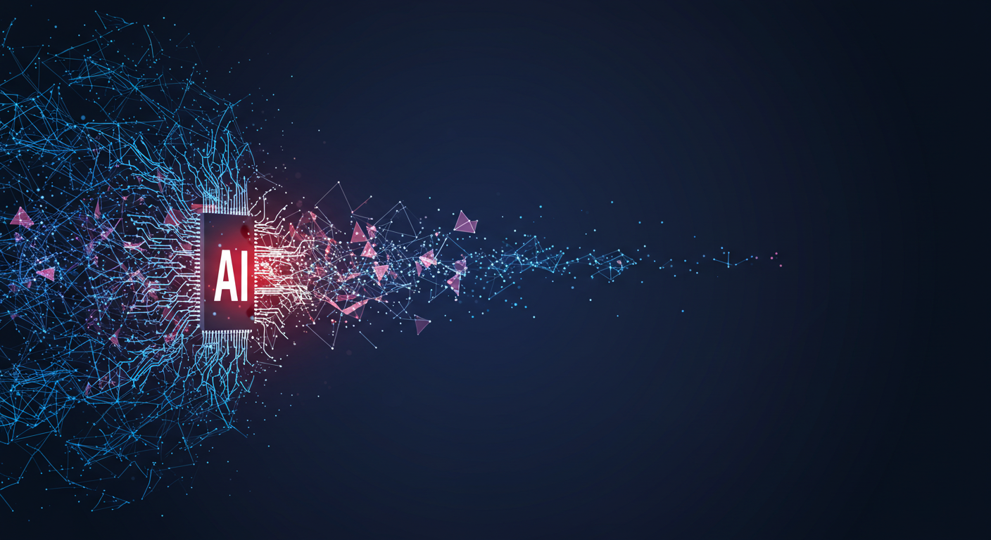 A digital illustration shows a computer chip labeled "AI" on the left, emitting glowing blue and pink circuits and particles that dissolve into a dark blue background on the right, symbolizing artificial intelligence and data processing.